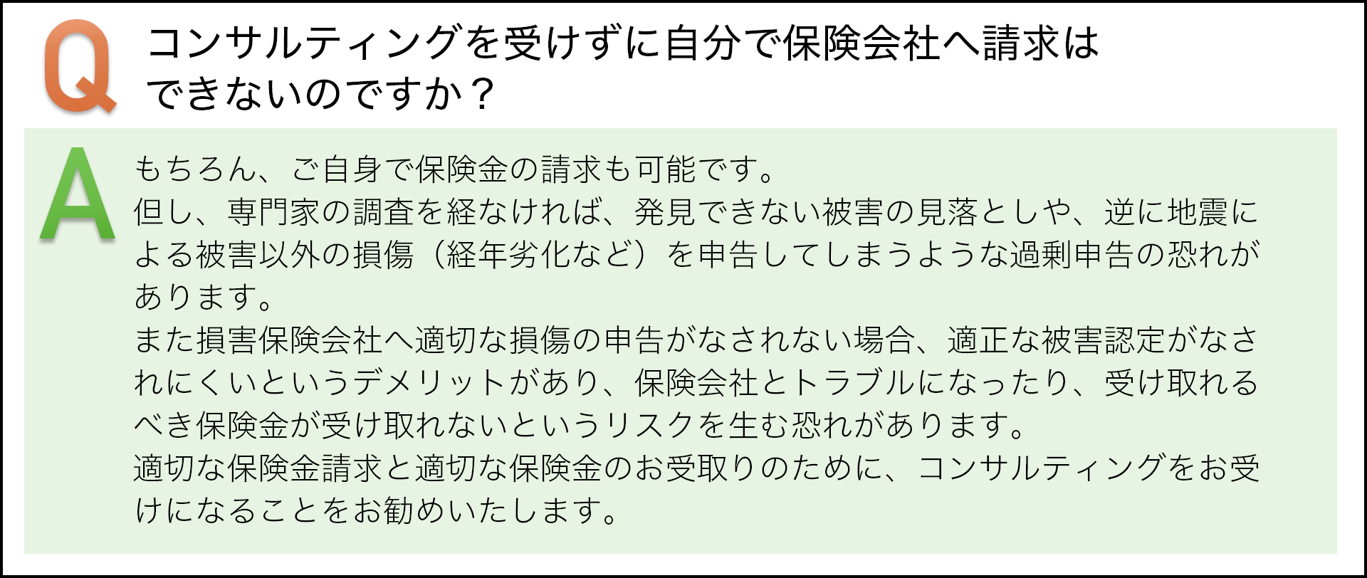 コンサルテイングを受けずに自分で保険会社へ請求はできないのですか? もちろん、ご自身で保険金の請求も可能です。但し、専門家の調査を経なければ、発見できない被害の見落としや、逆に地震による被害以外の損傷(平年劣化など)を申告してしまうような過剰申告の恐れがあります。 また損害保険会社へ適切な損傷の申告がなされない場合、適正な被害認定がなされにくいというデメリットがあり、保険会社とトラブルになったり、受け取れるべき保険金が受け取れないというリスクを生む恐れがあります。適切な保険金請求と適切な保険金のお受け取りのために、コンサルテイングをお受けすることをお勧めいたします。